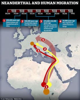 最新研究发现小群体早期人类在47万-22万年前从非洲迁移至欧洲，他们在欧洲与穴居人交配。该图表显示这一事件的时间范围。