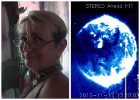 女网民约翰逊（左）称发现了美国卫星STEREO拍到巨球飞过恒星（右）。